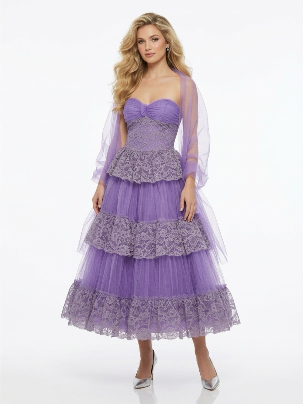 Will Steinman Vintage Tiered Lace Tulle Gown Wrap Lavender XS